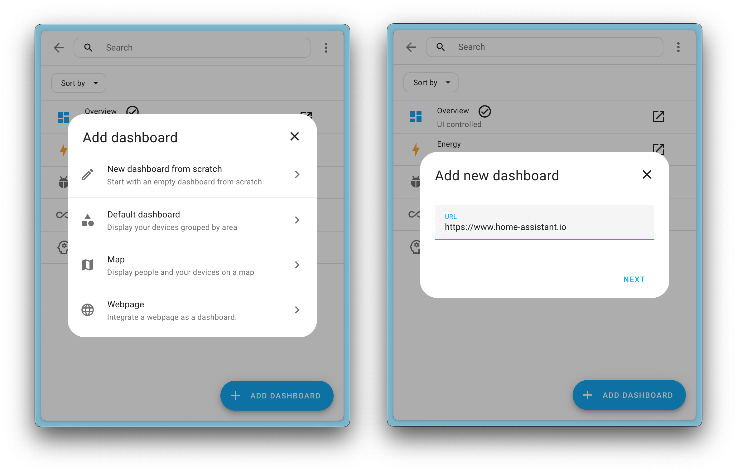 Screenshots showing addition of a new webpage dashboard to Home Assistant, embedding the Home Assistant website.