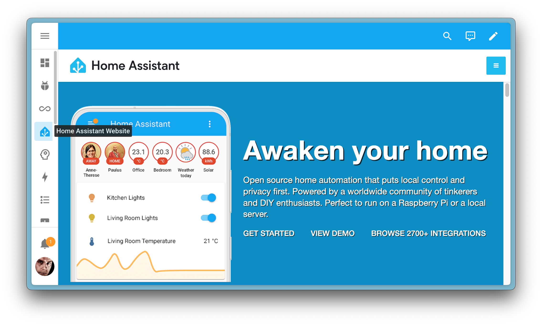 Screenshot showing the Home Assistant website embedded into the Home Assistant frontend using a webpage dashboard.