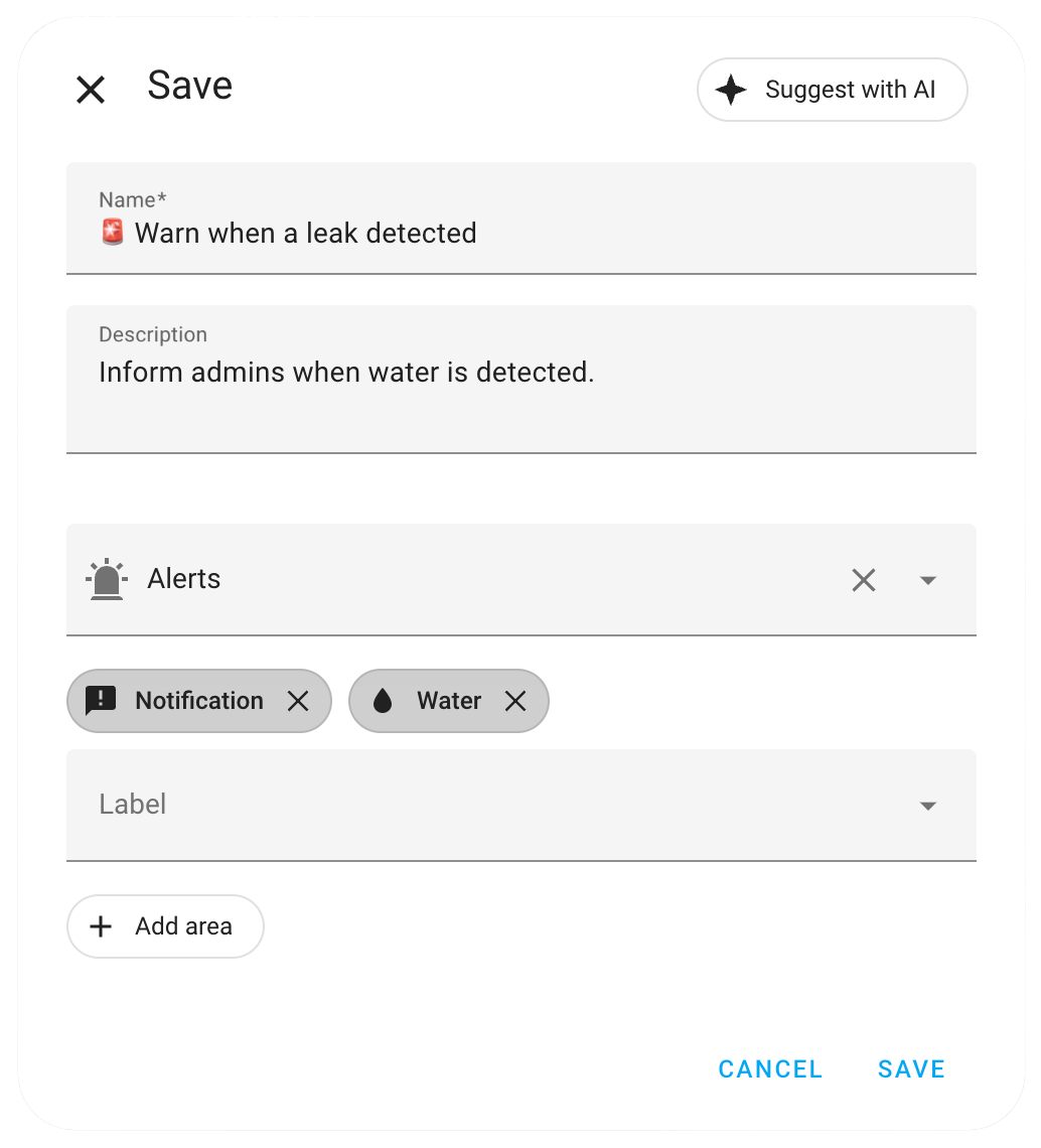 Screenshot showing the new AI suggestions button in the save automation dialog and the suggestions it made for this automation
