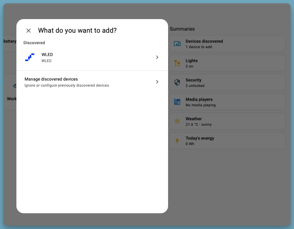 Screenshot of the modal view to add discovered devices from Overview