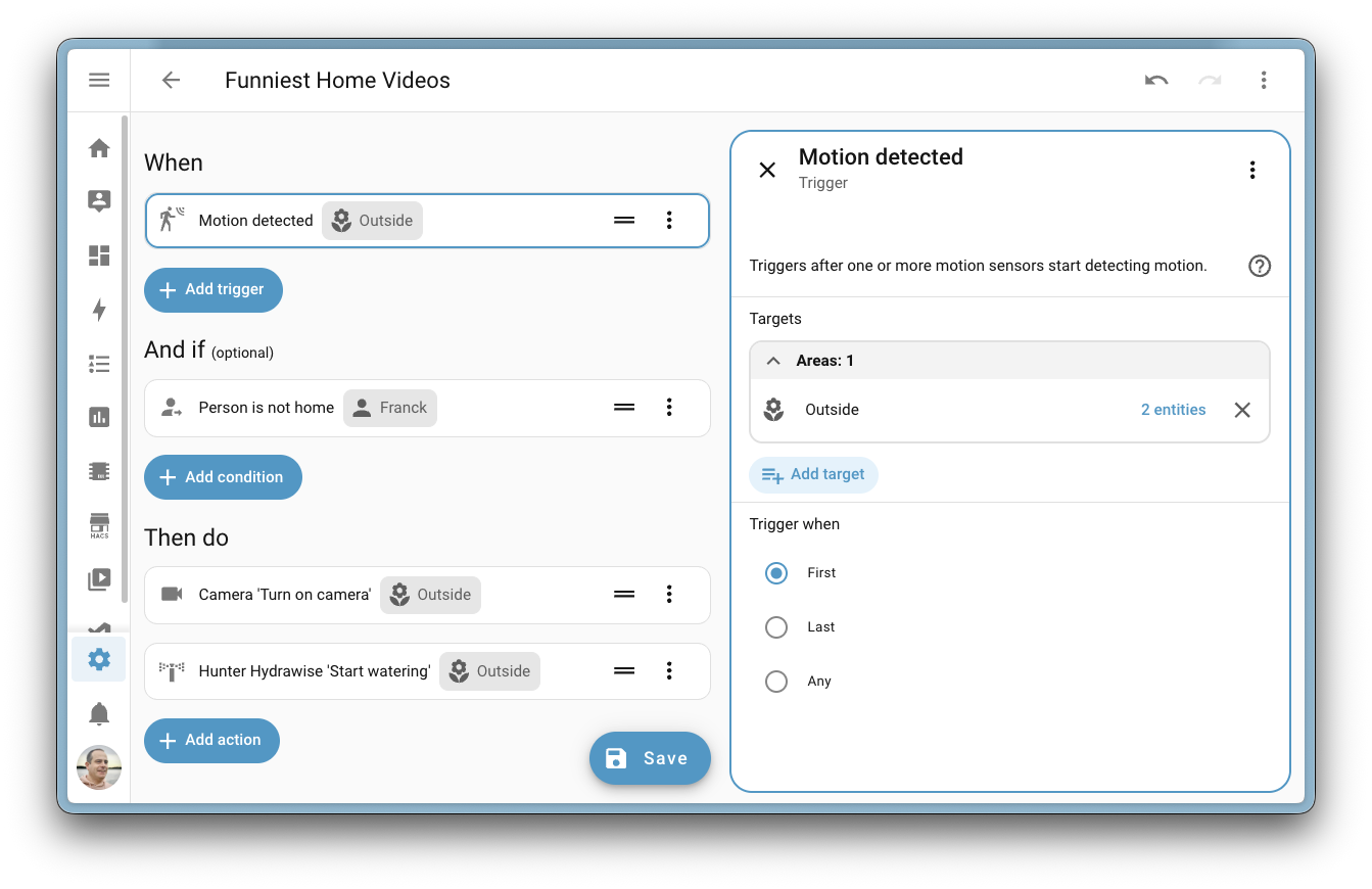 Screenshot of an automation in the visual editor using a cross-domain Motion detected trigger targeted at the Outside area, combined with a Person is not home condition, and actions for recording a camera feed and starting watering.