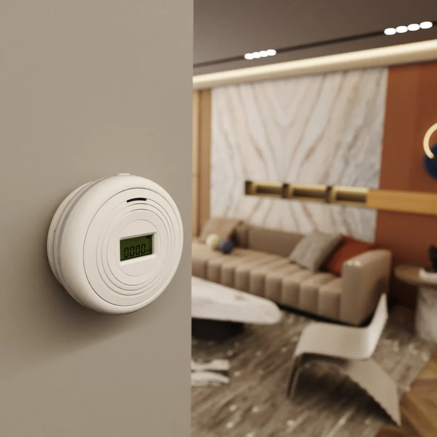Sensereo MSC-1 smoke and carbon monoxide detector with a digital display, mounted on a wall in a modern living room.