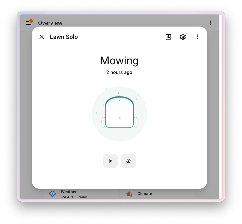 Screenshot of the redesigned lawn mower more-info dialog with the new illustration and action buttons.