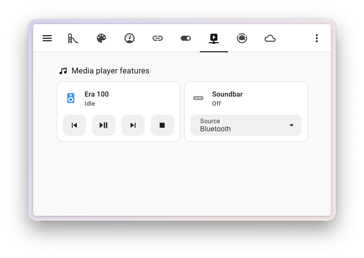 Screenshot of two media player tile cards showing the new playback and source features.