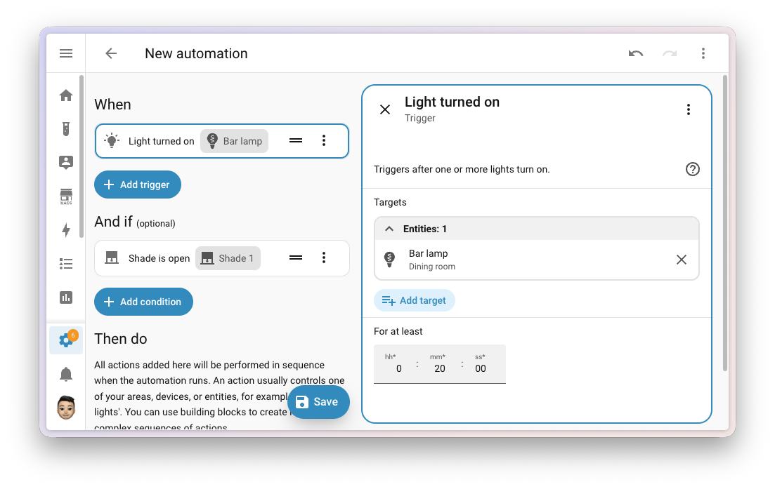 Screenshot of a purpose-specific trigger in the automation editor with the new for duration field.