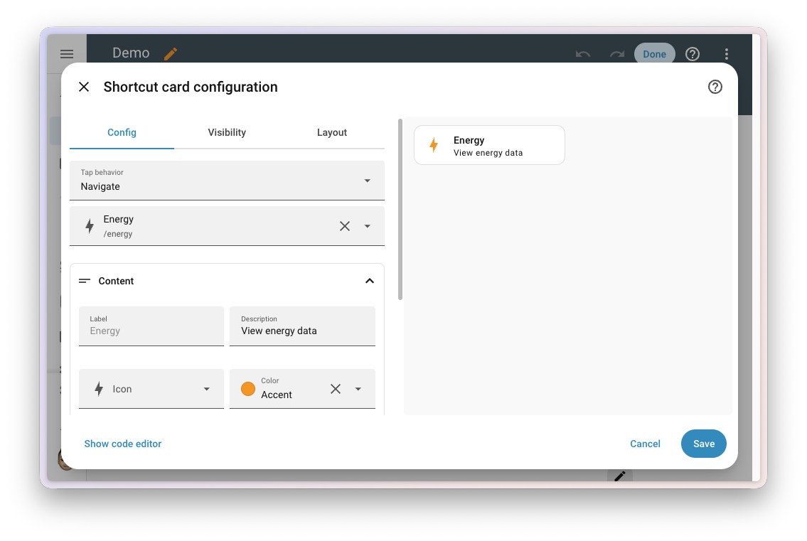 Screenshot of the shortcut card configuration dialog.