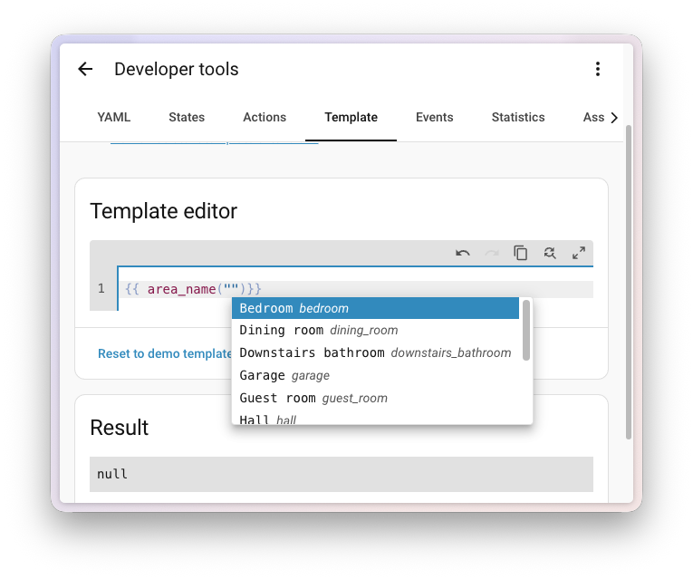 Screenshot of the template editor showing autocomplete for area IDs.