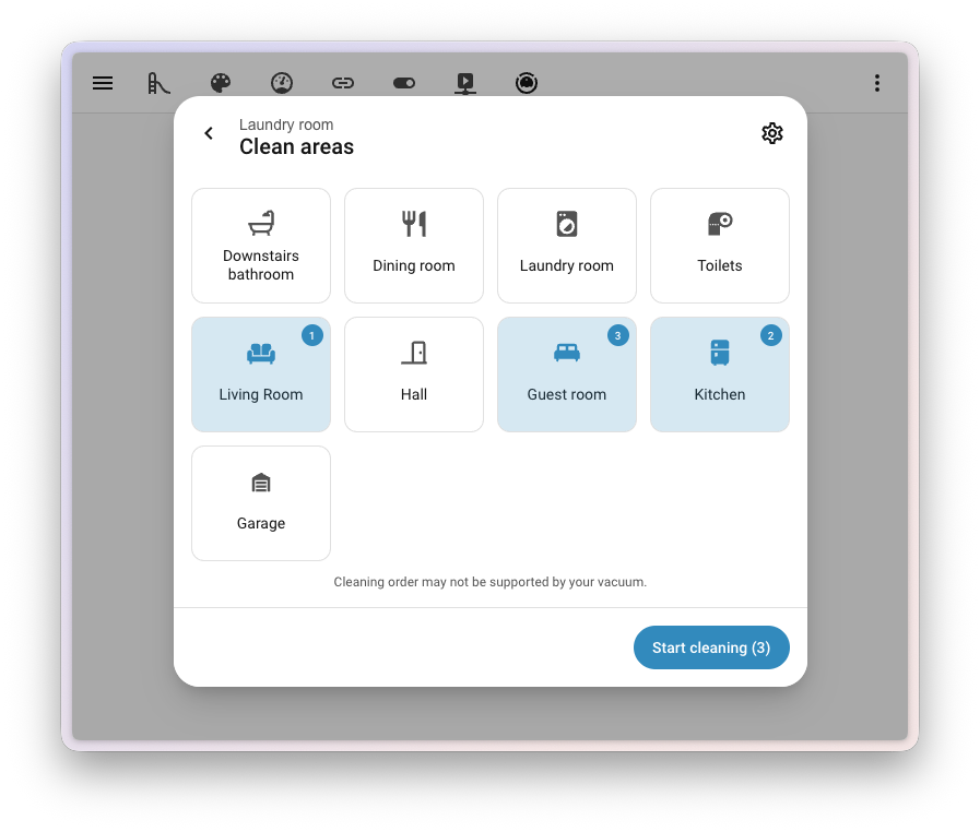 Screenshot of the new Clean by area view in the vacuum more-info dialog.