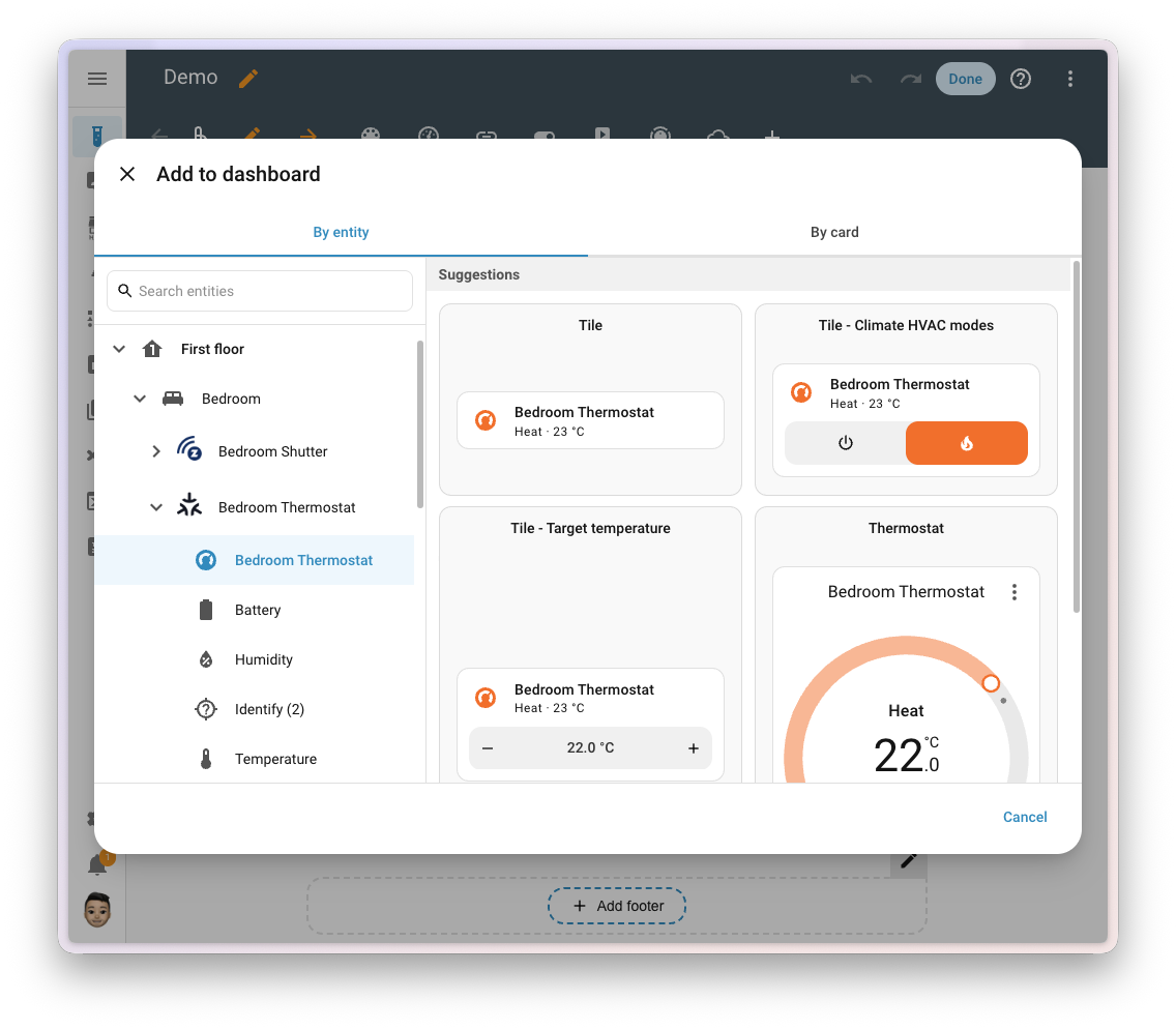 Screenshot of the new add card dialog with an entity tree on the left and live card previews on the right.