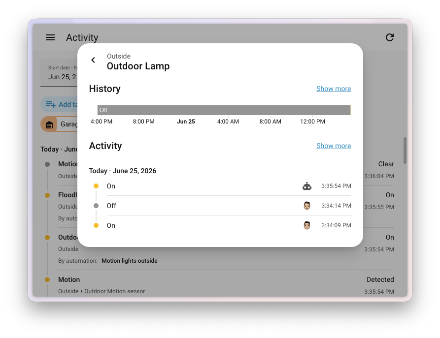 Screenshot of the compact Activity timeline inside a more info dialog, showing the cause icon and trailing time.