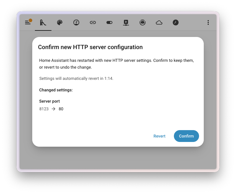 Screenshot of the confirmation prompt shown after changing the web server settings, asking you to confirm everything still works before the new settings are kept.