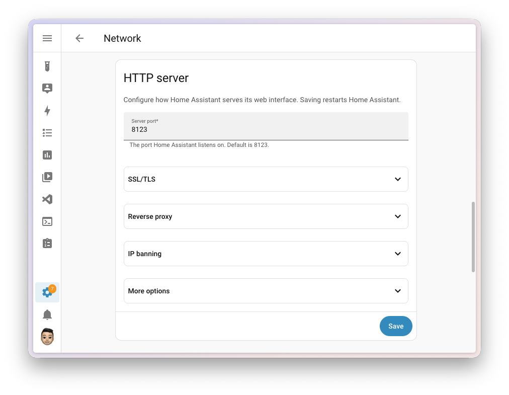 Screenshot of the web server settings in the Home Assistant interface, showing options for the port, the network connection to listen on, and trusted proxies.