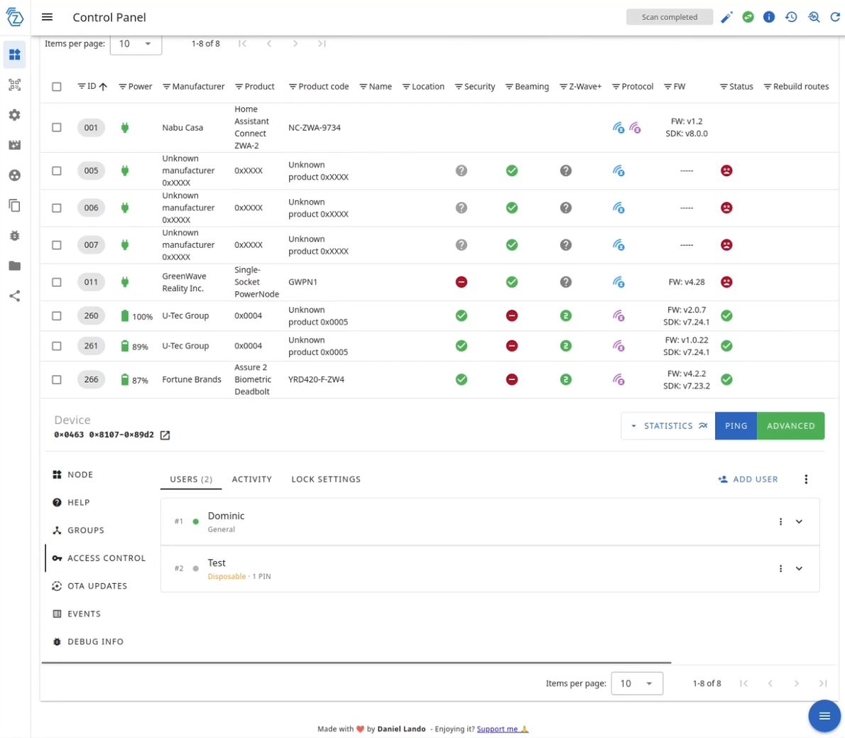 The new Access Control tab in Z-Wave JS UI, showing users and their credentials