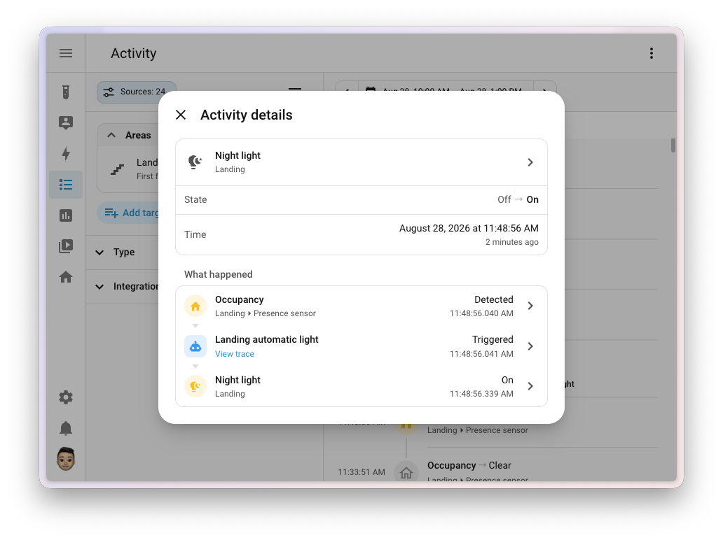 Screenshot of the Activity details dialog for a light, showing the presence sensor and the automation that triggered its state change, with millisecond timestamps.