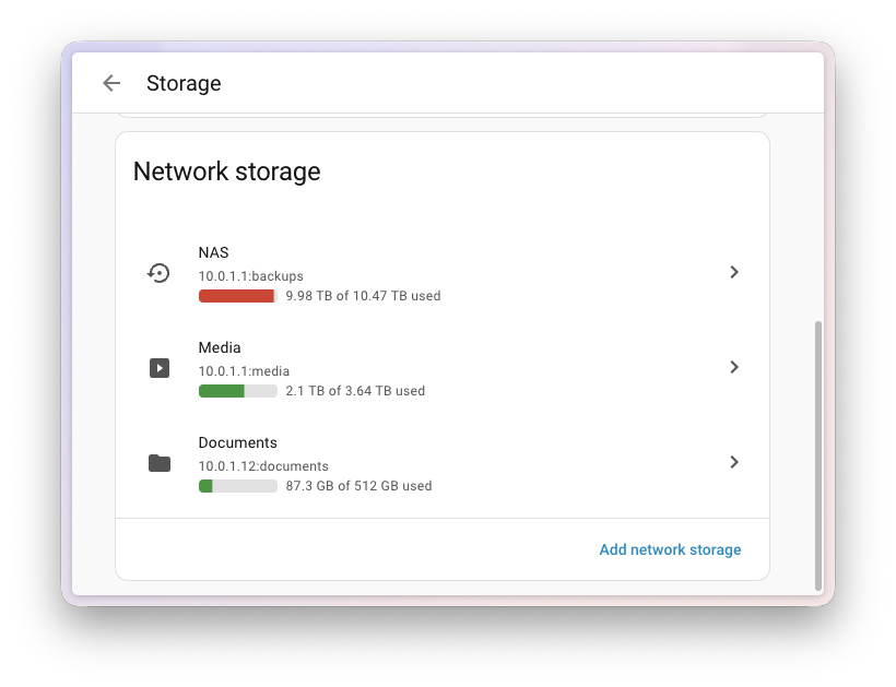 Screenshot of the Network storage section on the Storage page, listing three network mounts with usage bars, one of them nearly full and shown in red.