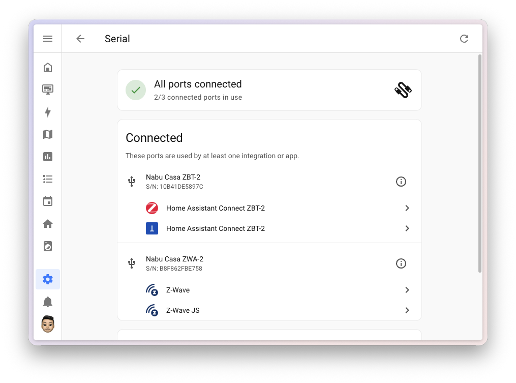 Screenshot of the new Serial panel, with a status banner at the top and the connected serial ports, showing which integrations and apps use each one.