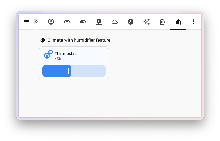 Screenshot of the target humidity feature on a tile card for a thermostat, with a humidity slider.