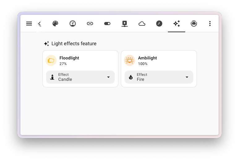 Screenshot of two light tile cards with the Light effect feature, each showing an effect selector.