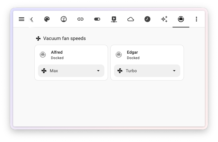 Screenshot of two vacuum tile cards with the Vacuum fan speed feature, each showing a fan speed selector.