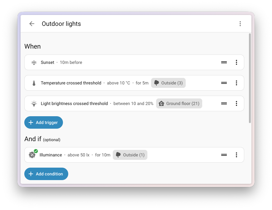 Screenshot of triggers and a condition in the automation editor, each showing its details in the row: 10m before sunset, temperature above 10 °C for 5m, light brightness between 10 and 20%, and illuminance above 50 lx for 10m.