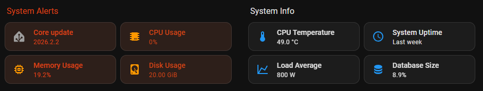 Dashboard with themed sections in dark mode
