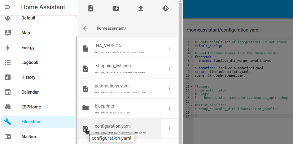 Screenshot of an example of a configuration.yaml file, accessed using the File editor add-on on a Home Assistant Operating System installation.