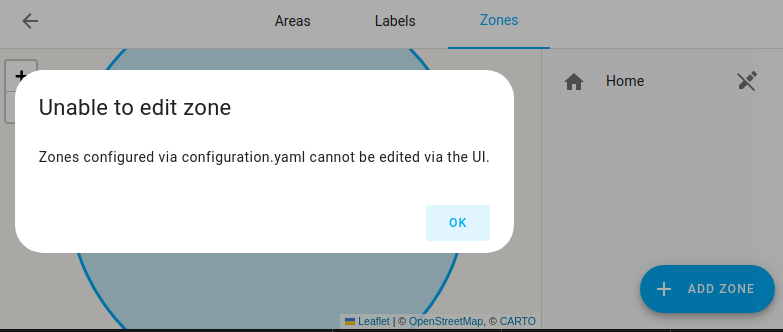 Screenshot showing coordinates cannot be edited because they are defined in configuration.yaml file