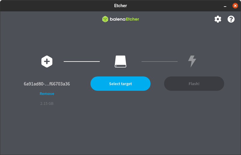 Captura de pantalla del software Etcher que muestra el botón de selección de destino resaltado.