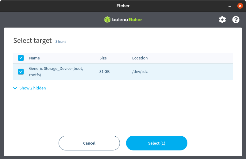 Screenshot of the Etcher software showing the targets available.