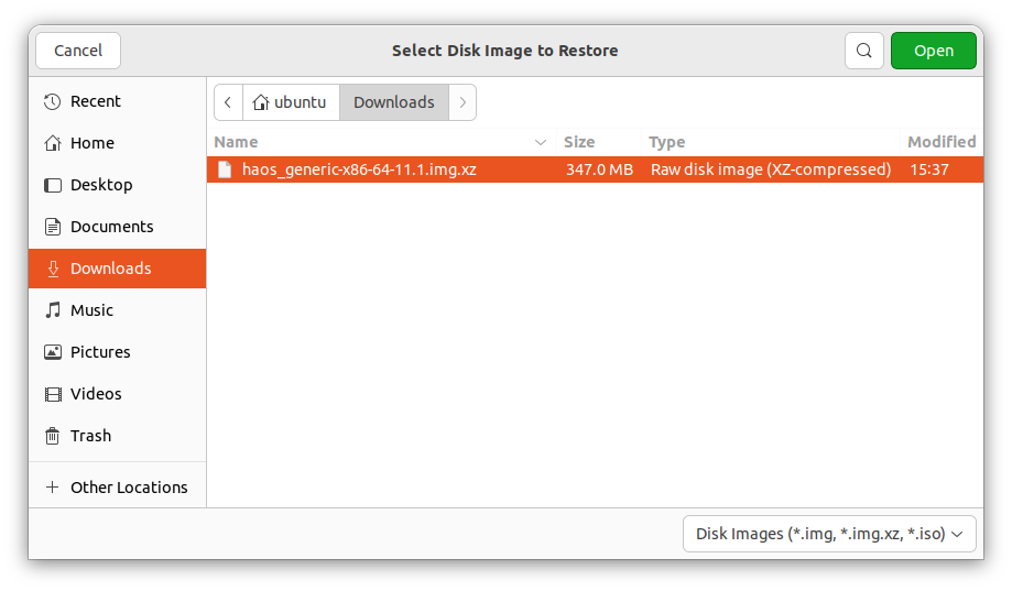 Restore disk image: select image