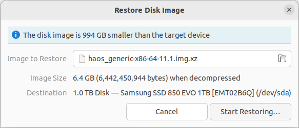 Restore disk image: start restoring
