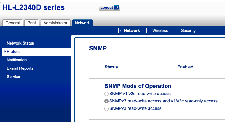SNMP settings on Brother Printer web interface