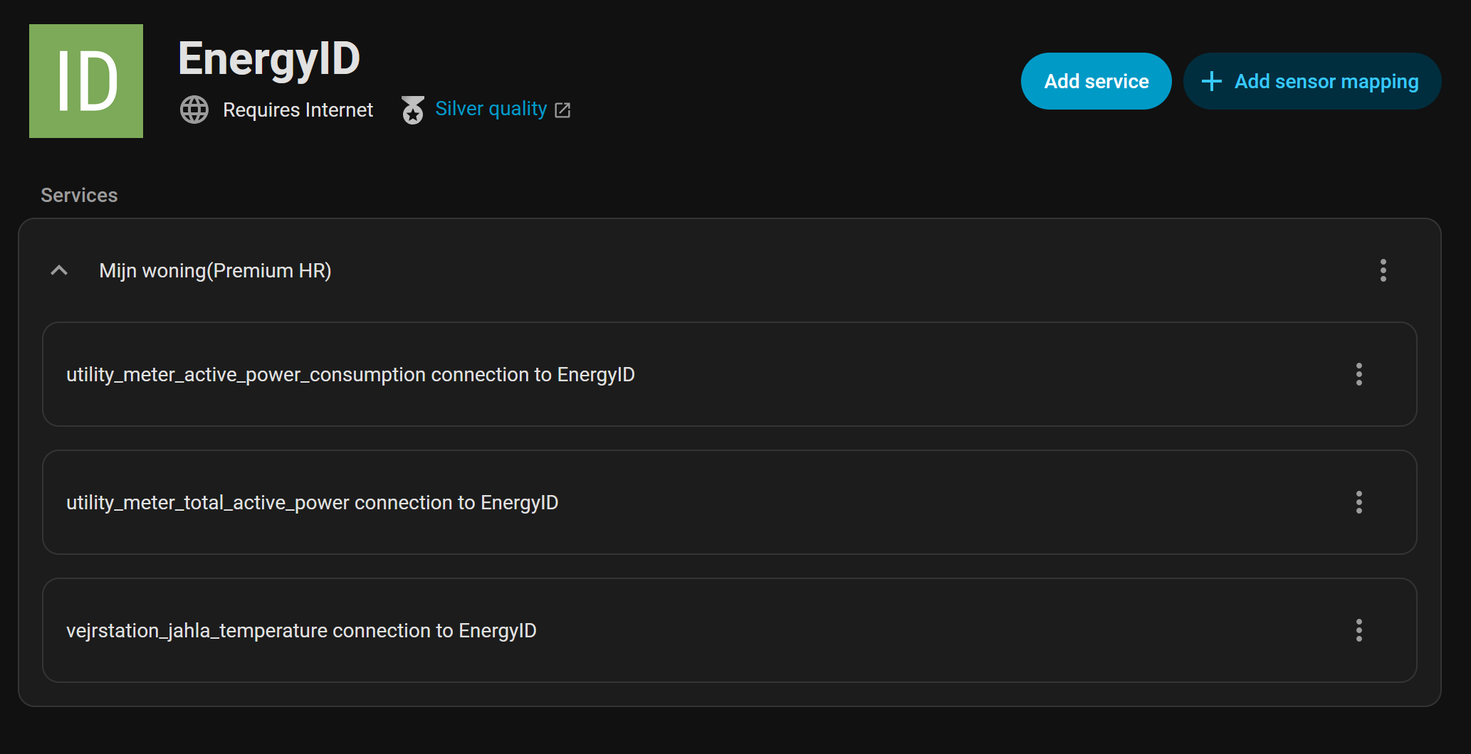 Screenshot of the EnergyID configuration screen in Home Assistant, showing options to add and manage sensor mappings.
