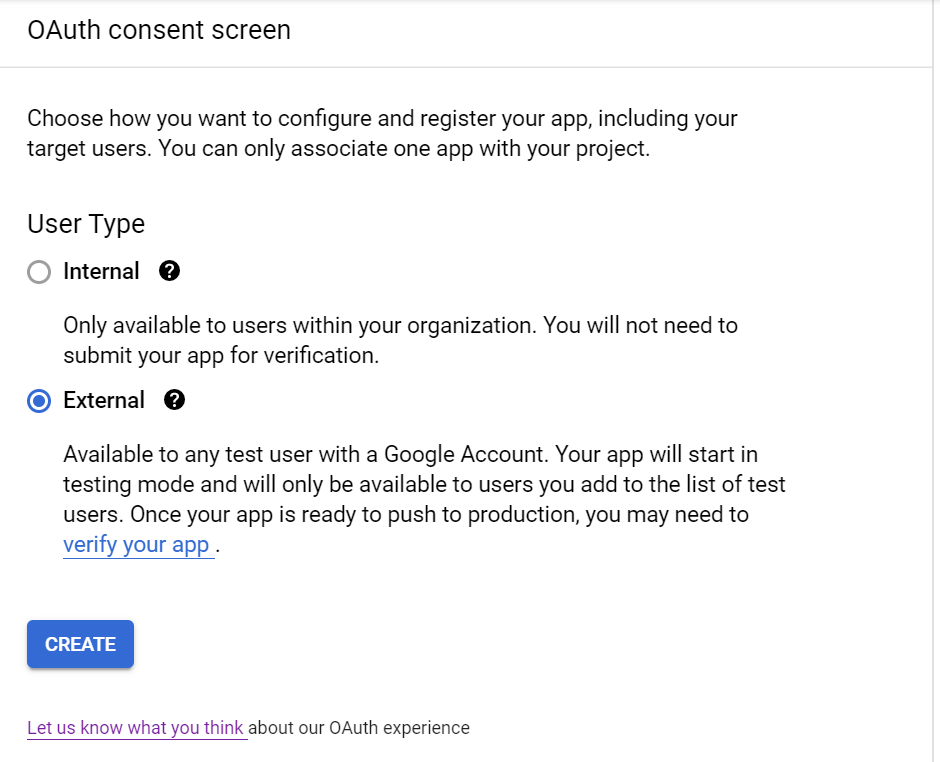 Screenshot of OAuth consent screen creation