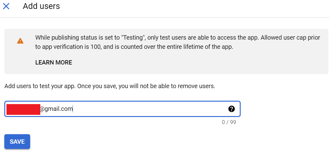 Screenshot of OAuth consent screen test users