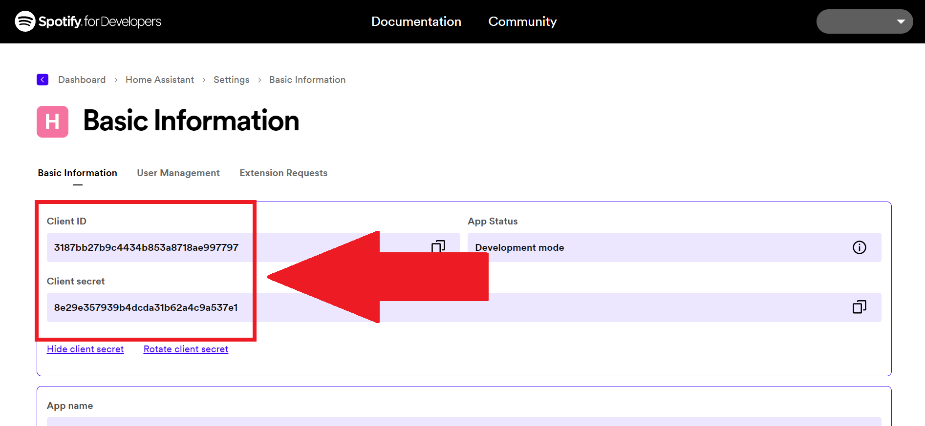 Get the application credentials from the Spotify Application