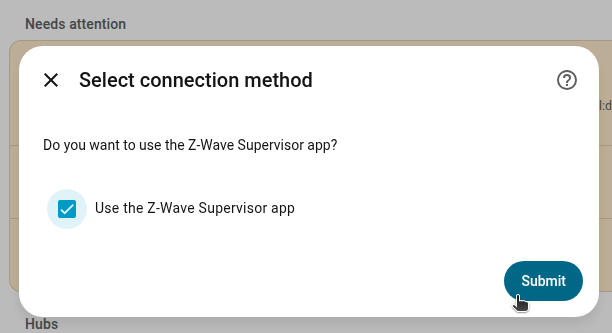 Selecting the Z-Wave JS Supervisor app checkbox