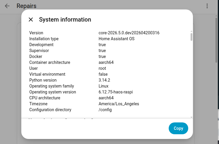 Screenshot showing the System information dialog