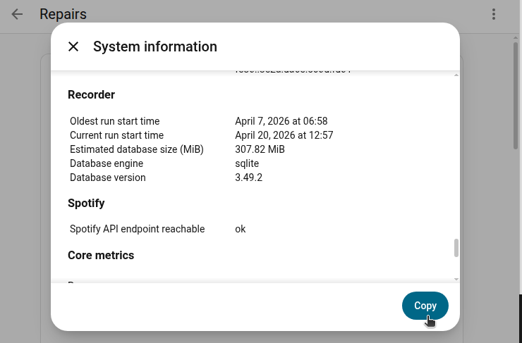 Screenshot showing copy button in System information dialog