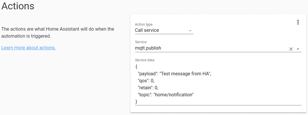 Screenshot showing how to publish a message to an MQTT topic for automations