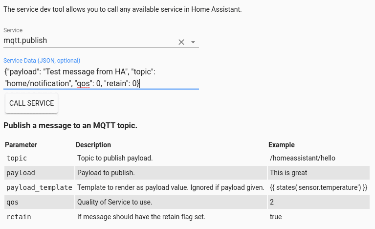 Screenshot showing how to publish a message to an MQTT topic